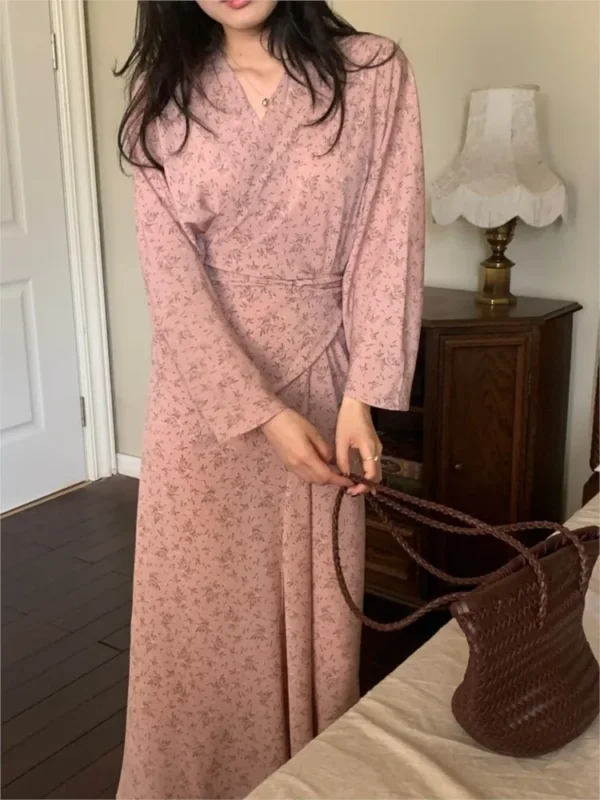 Elegant Pink Floral V-Neck Maxi Dress For Spring Office Ladies - Image 5