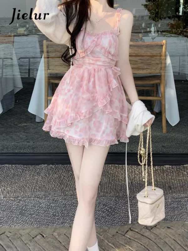 Jielur Summer Pink Floral Y2K Chiffon Mini Dress Women Party Dress