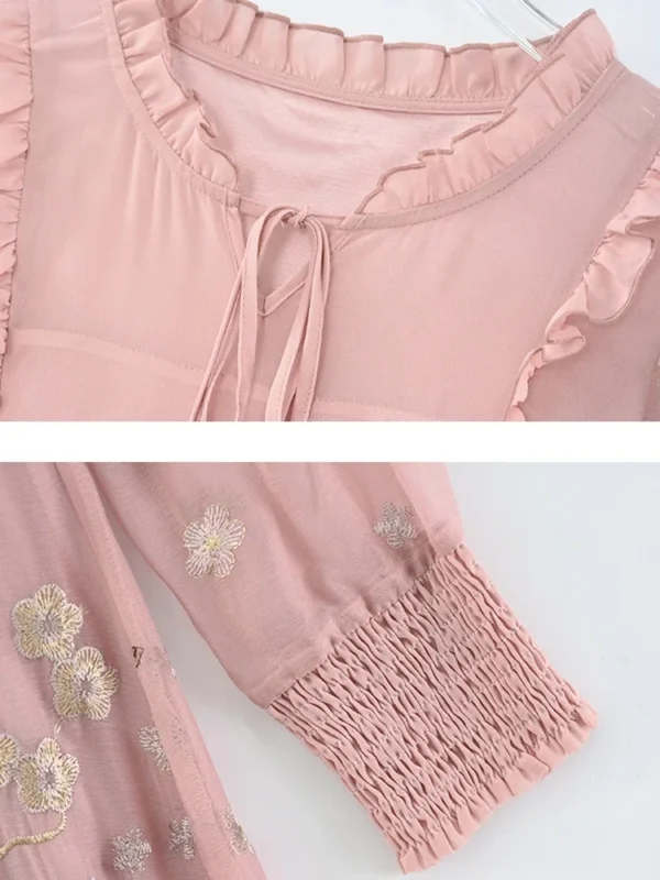 Pink Floral Dress: Autumn Winter Embroidery Ruffled Collar Casual Long Gown - Image 4