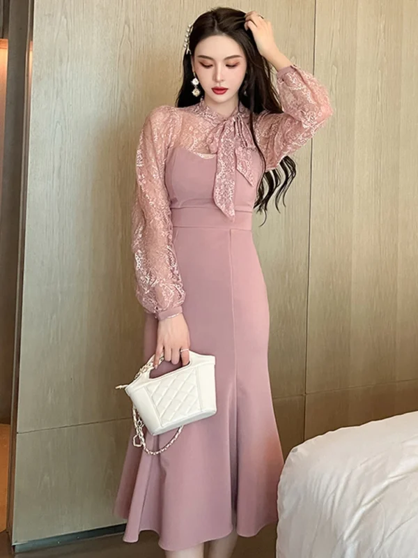 Pink Floral Dress Lace Sheer Hook Maxi Party Dress Long Elegant Vestidos - Image 2