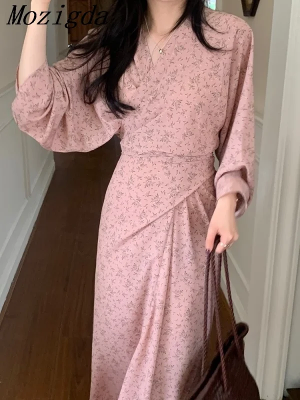 Elegant Pink Floral V-Neck Maxi Dress For Spring Office Ladies