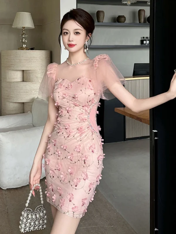 Pink Floral Dress Luxury Sexy Evening Gown Sheer Diamonds Elegant