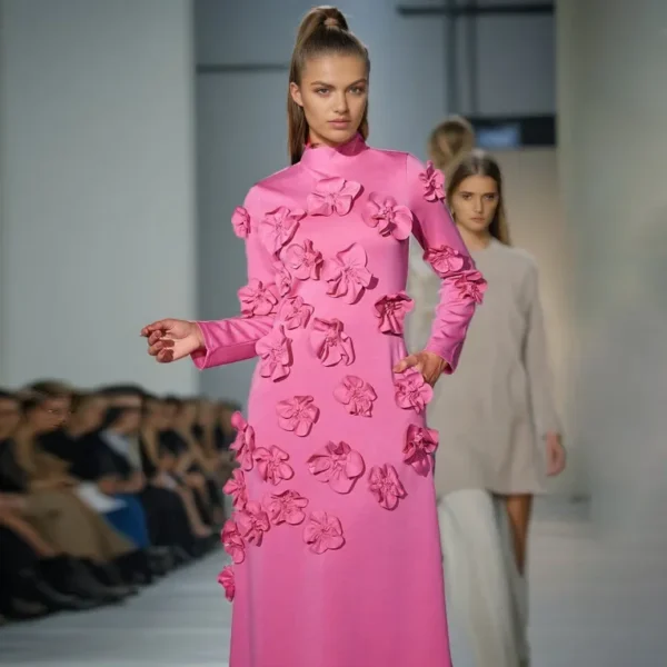 Elegant Pink Floral Polo Neck Long Dress Autumn European Style