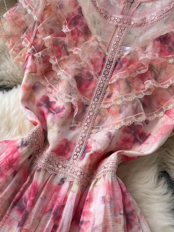 Summer Pink Mesh Printed Ruffle High Waist A-line Floral Dress - Image 5