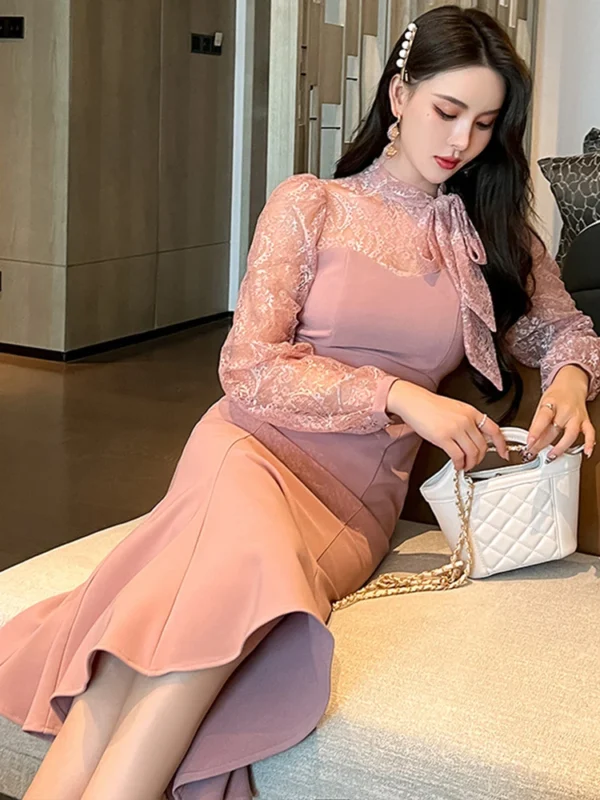 Pink Floral Dress Lace Sheer Hook Maxi Party Dress Long Elegant Vestidos - Image 6