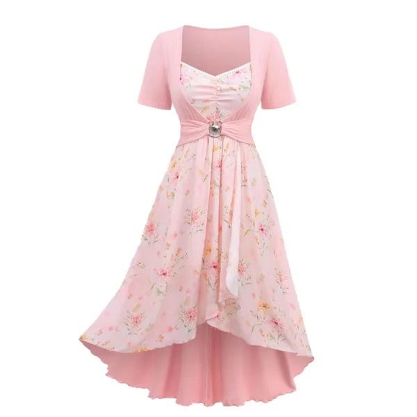 Plus Size Floral Print Lace Trim Ruched Tulip Hem Ruffle Dress
