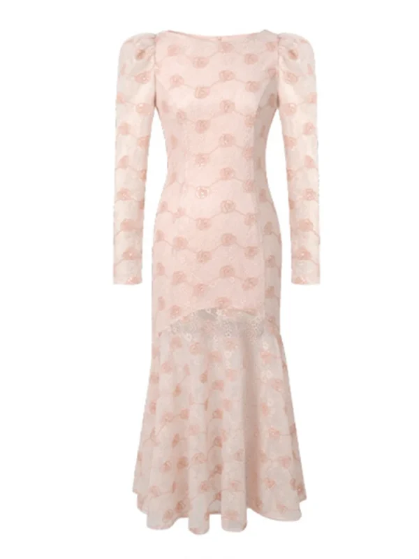 Sweet Pink Lace Puff Sleeve Mermaid Dress For Elegant Party Events - Image 3
