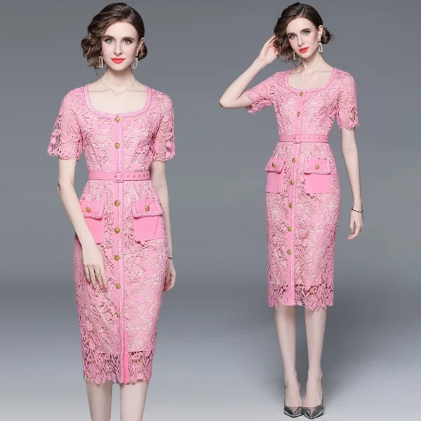 Pink floral dress, hollow crochet lace, luxury embroidery, summer party - Image 2