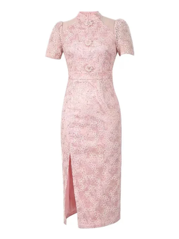 Pink Floral Dress: Elegant Qipao Cheongsam with High Waist Split - Image 3