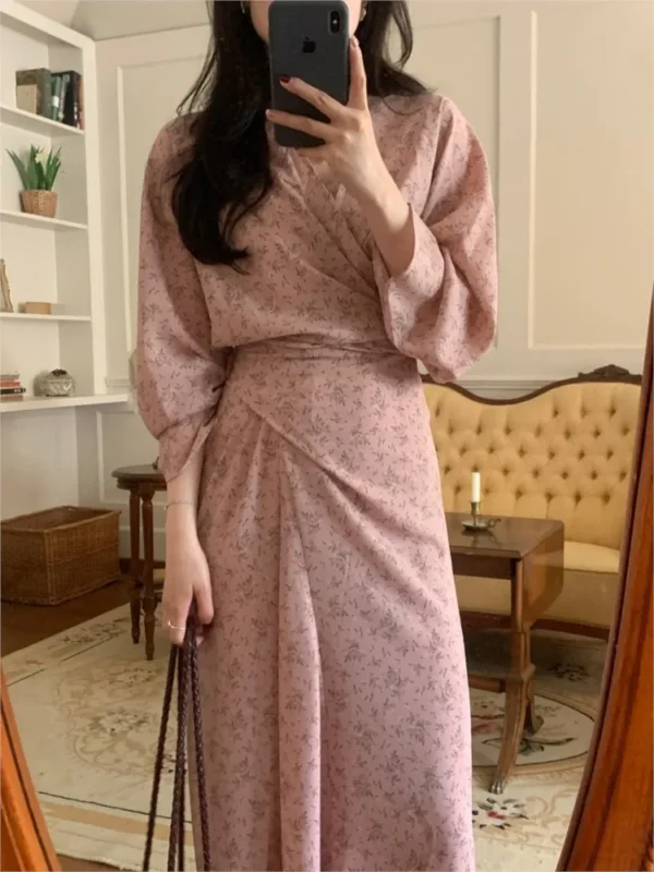 Elegant Pink Floral V-Neck Maxi Dress For Spring Office Ladies - Image 4
