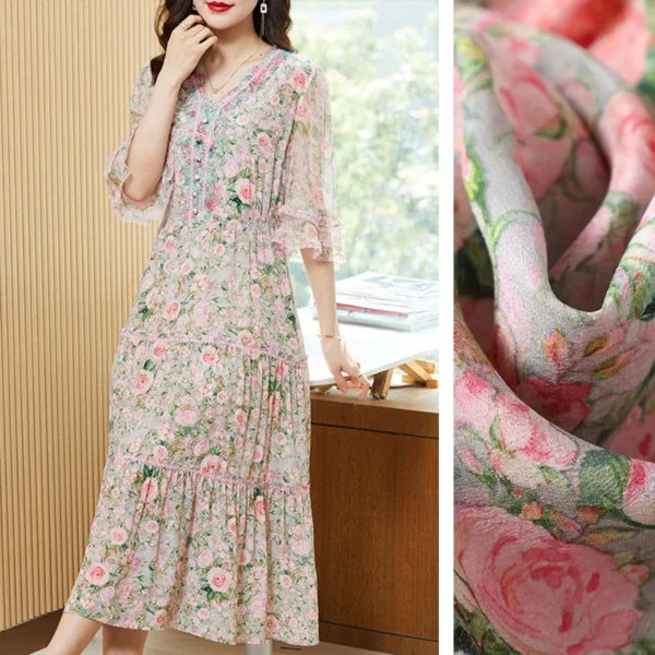 Office Lady Pink Summer Floral Slim Silk Dress For Women Elegant - Image 4