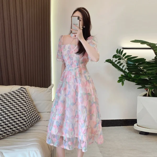 Pink Floral Dress: Elegant Long Party Gown with Embroidery - Image 3