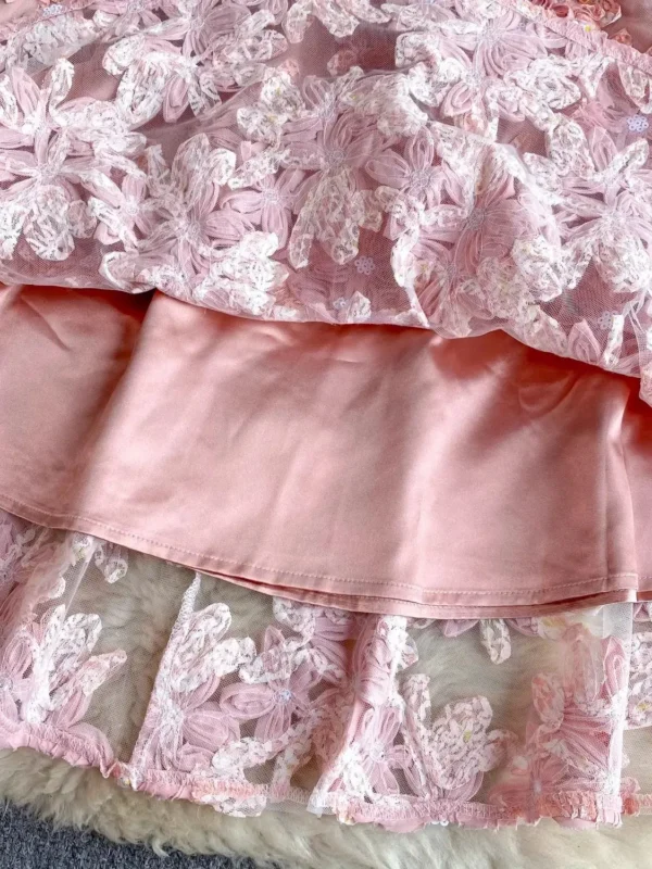 Pink Floral Dress Elegant Sequined Mesh Short Sleeve Party Prom Gown - Image 6