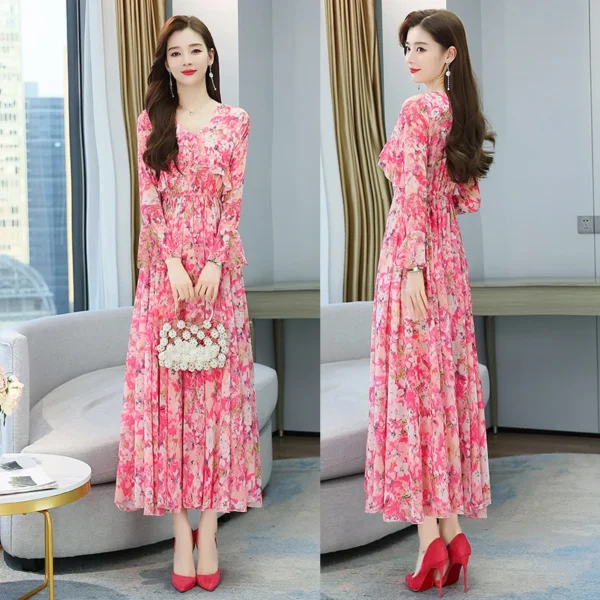 Elegant pink floral dress, boho ruffled maxi for spring and autumn - Image 3