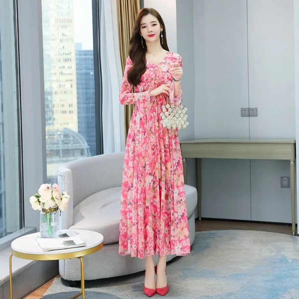 Elegant pink floral dress, boho ruffled maxi for spring and autumn - Image 4