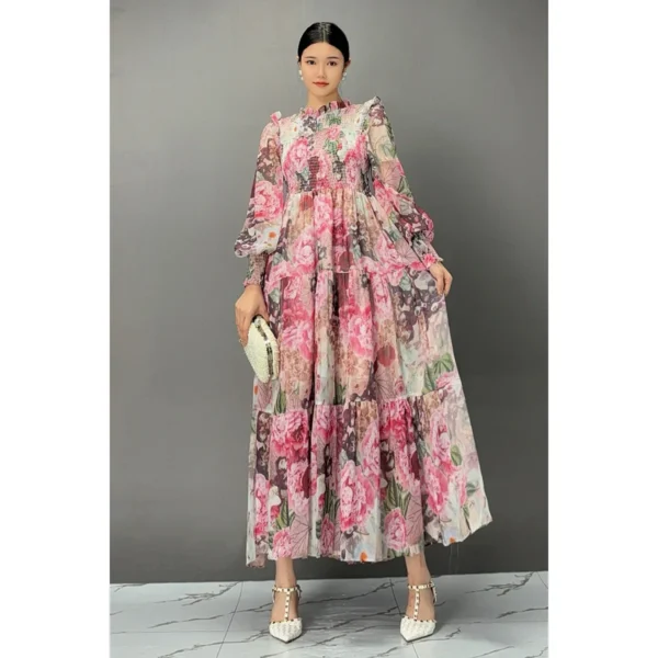 Pink Floral Printed Long Sleeve Lace Collar Casual Swing Dress - Image 5