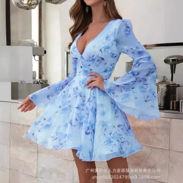 New Light Pink Floral Horn-sleeved Deep V Waist Dress for Women - Image 2