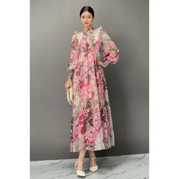 Pink Floral Printed Long Sleeve Lace Collar Casual Swing Dress - Image 3