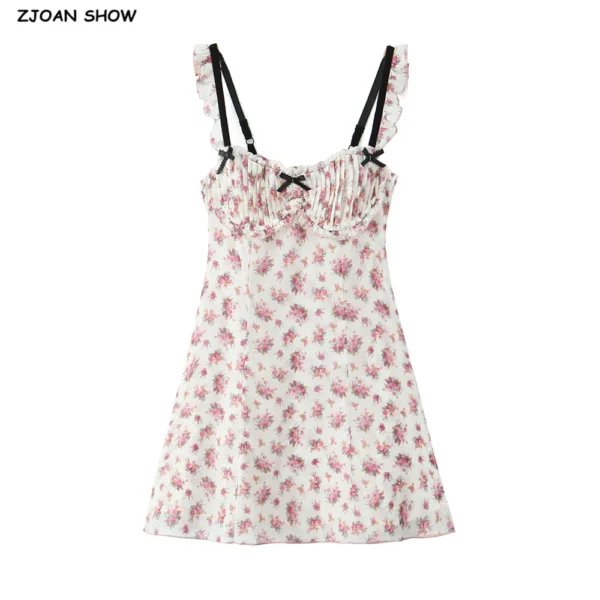 Romantic Beige Pink Floral Print Ruched Backless Sling Dress For Night Out Party