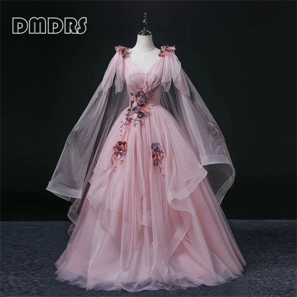 Pink Floral Tulle Ball Gown For Women’s Sweet 15 Formal Party Wear