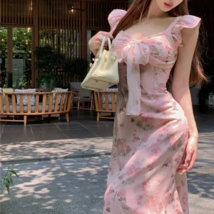 Pink Floral V-Neck A-Line Dress For Women’s Slim Elegant Summer Wear