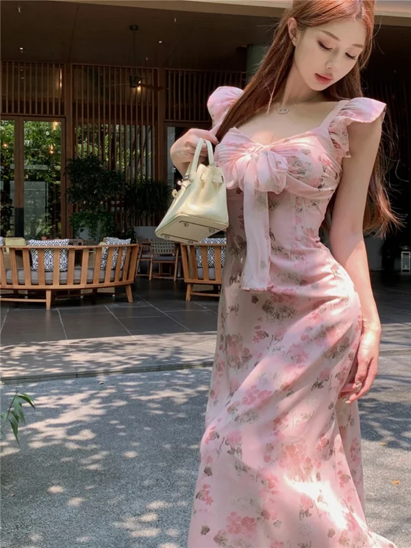 Pink Floral V-Neck A-Line Dress For Women’s Slim Elegant Summer Wear