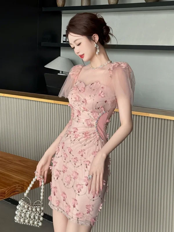 Pink Floral Dress Luxury Sexy Evening Gown Sheer Diamonds Elegant - Image 4