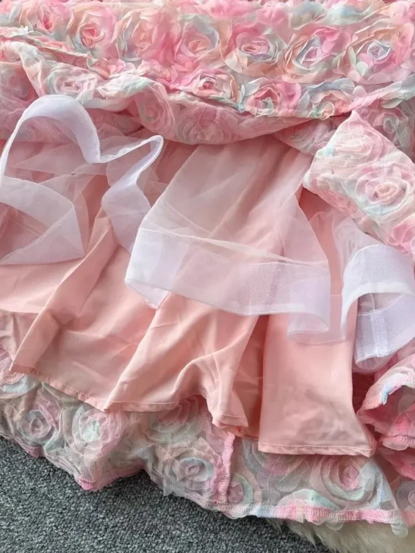 Sweet 3D Floral Embroidery Pink Tulle Dress For Wedding Parties - Image 6
