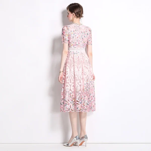 Elegant Pink Floral Lace Embroidery Midi Dress For Women Party 2025 - Image 4