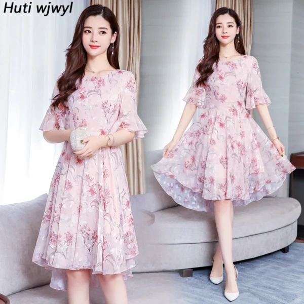 Vintage Pink Floral Chiffon Boho Midi Casual Beach Party Dress