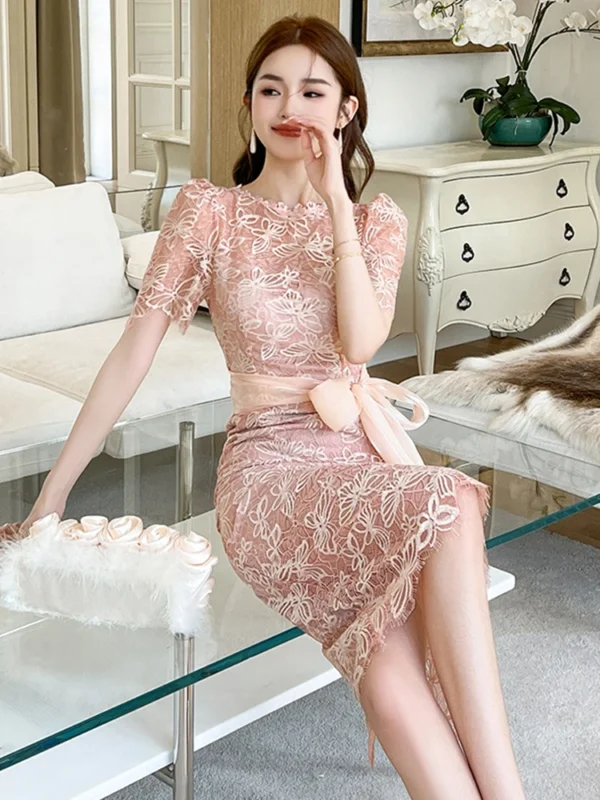 2025 Sweet Goddess Style Pink Lace Dress With Bow Lace-Up Split - Image 5