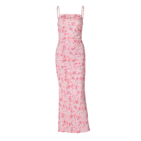 Sexy Pink Floral Ruched Mesh Bodycon Midi Dress For Party - Image 3