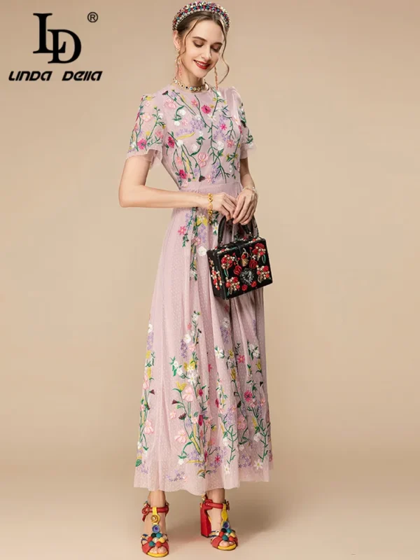 Pink Floral Dress Vintage Embroidery Mesh Party Long Dress Summer 2023 - Image 4