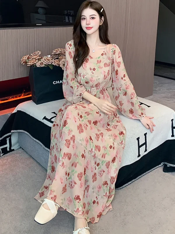 Spring Autumn Pink Floral Chiffon Casual Beach Long Dress Women - Image 4