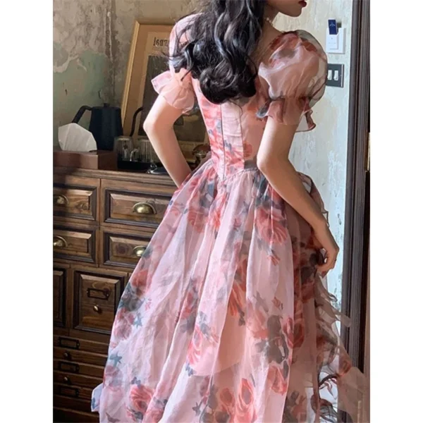 Pink Floral Dress Square Collar A-Line Chiffon Elegant Summer Fashion - Image 2