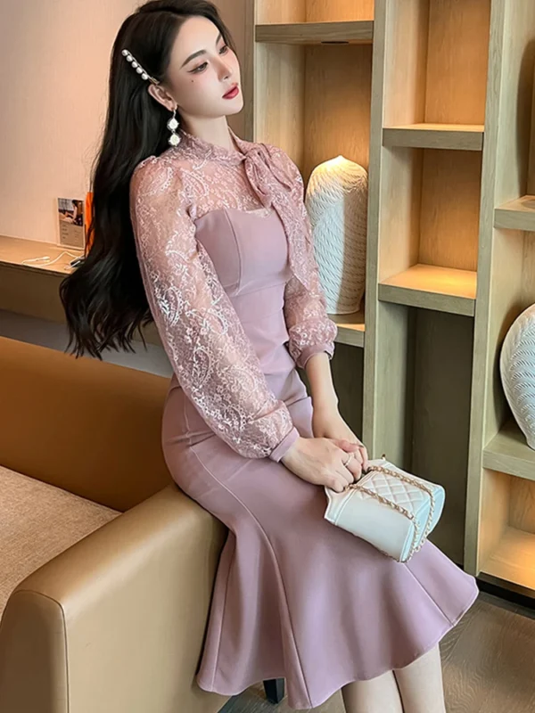 Pink Floral Dress Lace Sheer Hook Maxi Party Dress Long Elegant Vestidos - Image 5