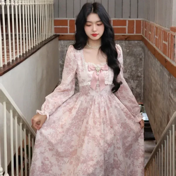 Sweet French Bow Dress Women's Spring Autumn Waist-Fitted Gown