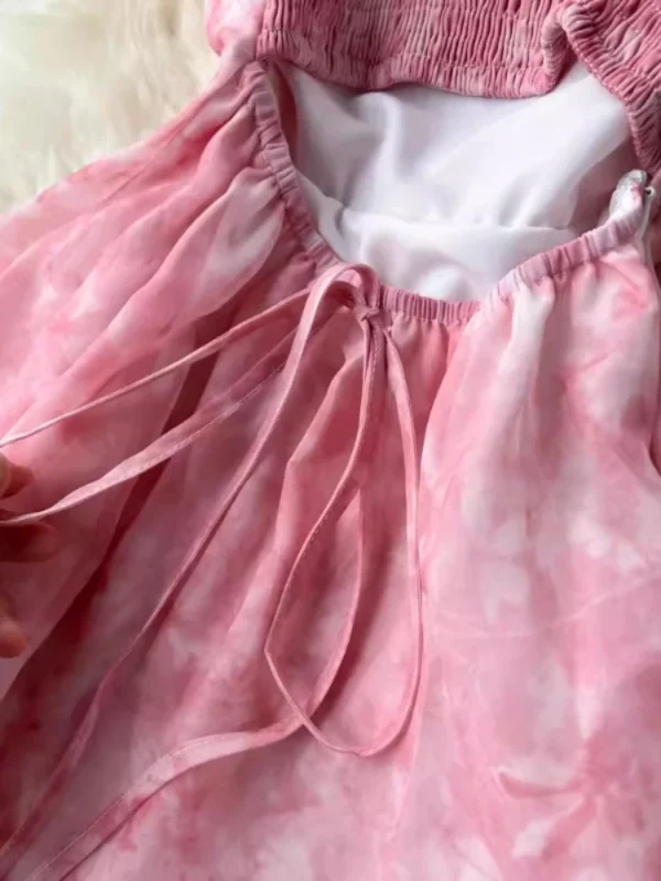 Women Pink Beach Dress Sleeveless Hollow A-line Floral Chiffon Gown - Image 6
