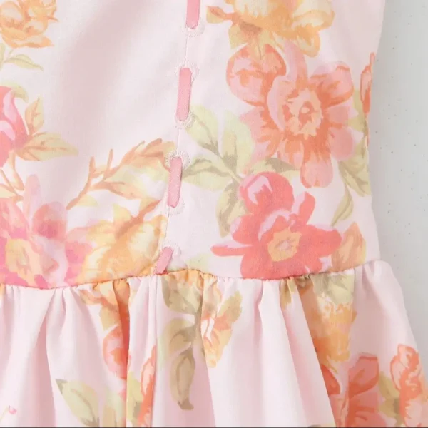 Pink Floral Dress Cross Ribbon Slim Low Waist A-Line Swing Midi - Image 3