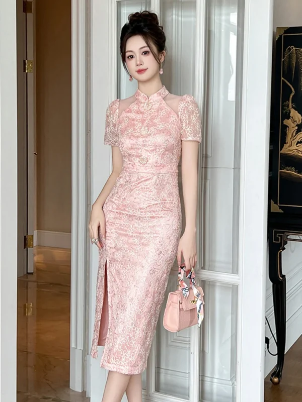 Pink Floral Dress: Elegant Qipao Cheongsam with High Waist Split - Image 2