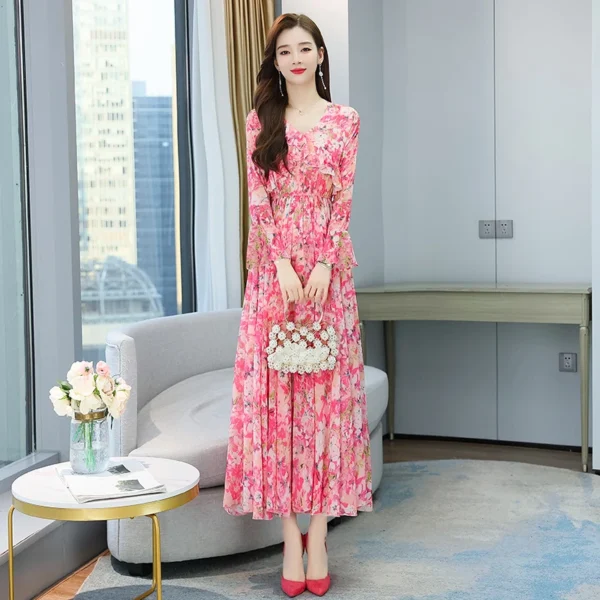 Elegant pink floral dress, boho ruffled maxi for spring and autumn - Image 2