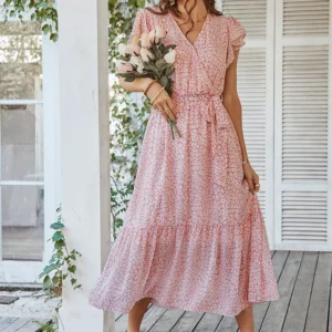 Elegant Pink Floral Chiffon Long Sleeve Midi Dress For Summer Casual Party Wear