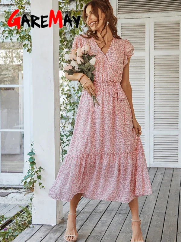 Elegant Pink Floral Chiffon Long Sleeve Midi Dress For Summer Casual Party Wear