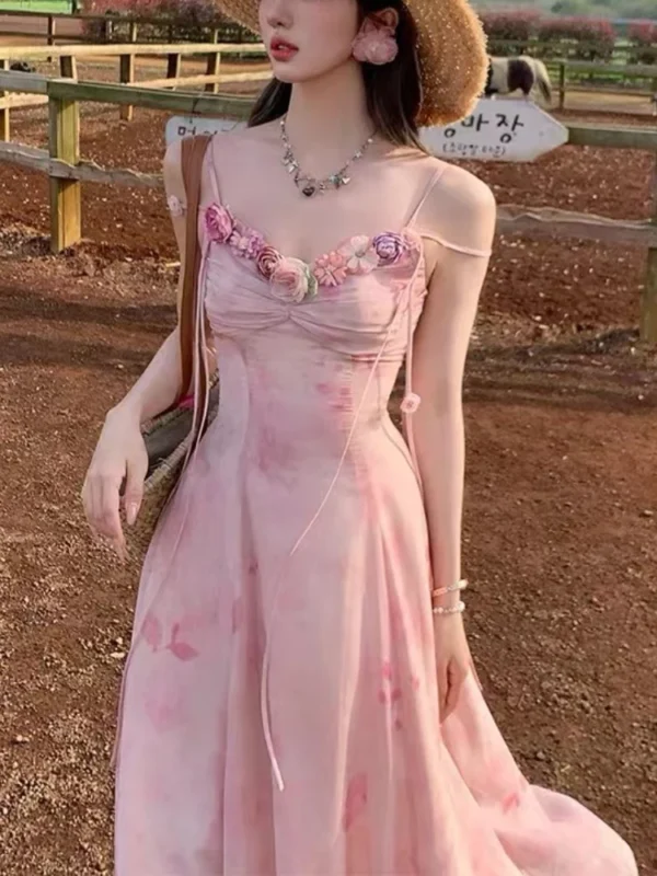 Elegant Pink Lace-Up Sleeveless Dress Women Y2K Fairy Party Wear
