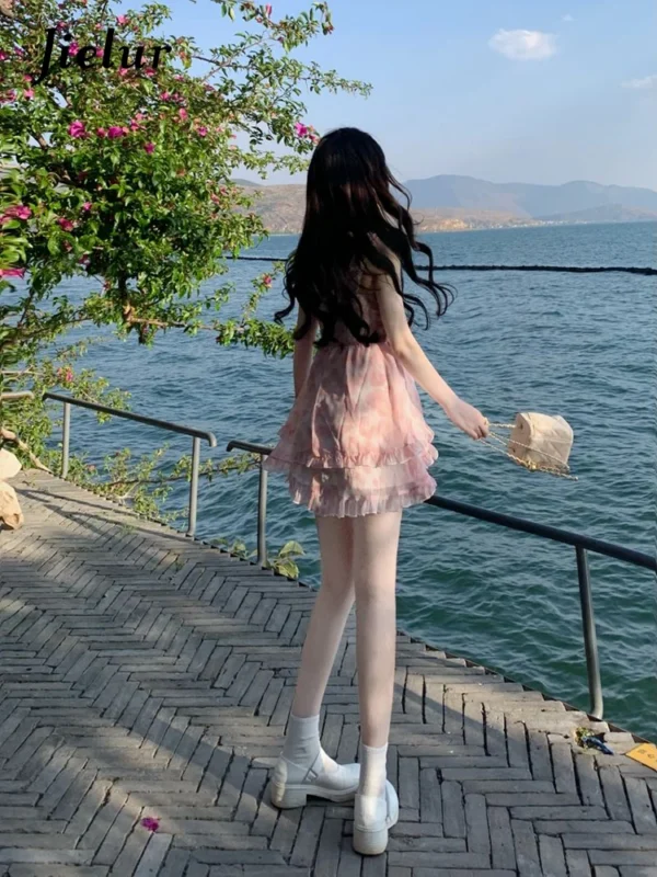 Jielur Summer Pink Floral Y2K Chiffon Mini Dress Women Party Dress - Image 5