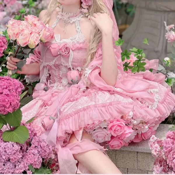 Autumn Spring Sweet Lolita Sleeveless Rose Lace Fairy Dress Gown - Image 4