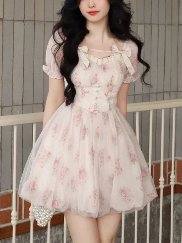 New Korean Fashion Pink Y2K Floral Mini Dress Summer Casual - Image 4