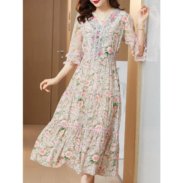 Office Lady Pink Summer Floral Slim Silk Dress For Women Elegant - Image 2