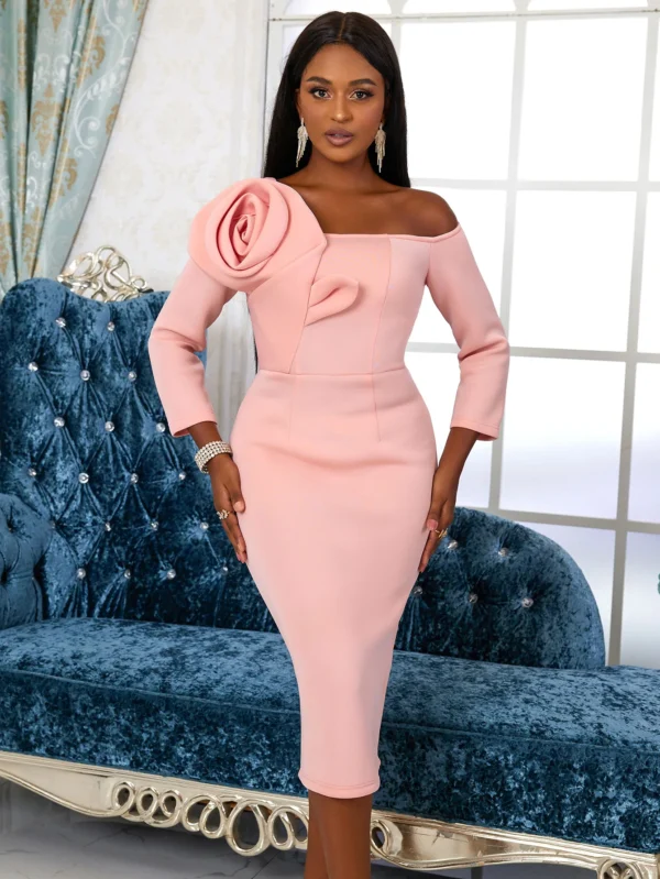 Pink Floral Dress Cold Shoulder Flower Appliques Bodycon Midi Gown - Image 4