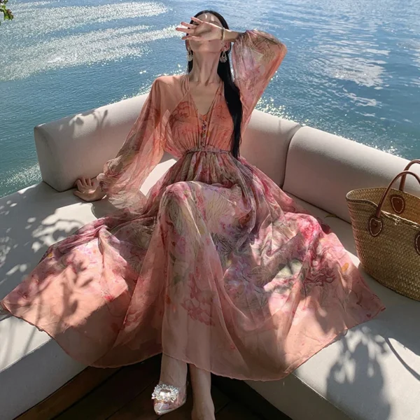Bohemian Pink Floral V-Neck Dress For Spring Autumn Romantic Elegance - Image 4
